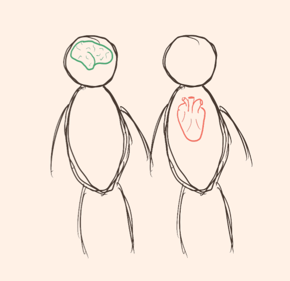 A sketch of two people. In one, a
green brain is sketched. In the other, a red heart is sketched. width=